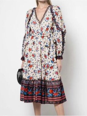 Ulla Johnson Silk Floral Dress Size 6 Boho Tiered Midi Belted Long Sleeve